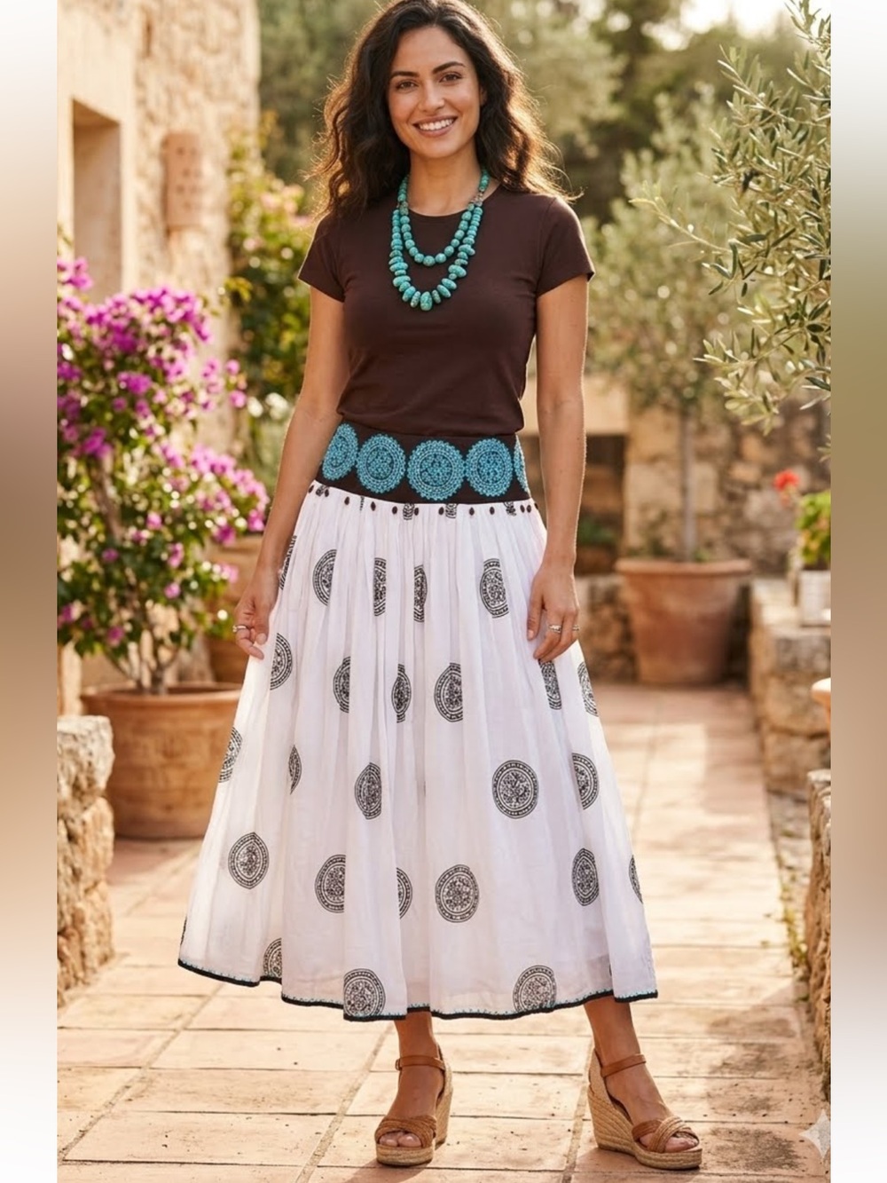 For The Republic Boho Cotton White Maxi Skirt Medallion Print Sequin Waistband